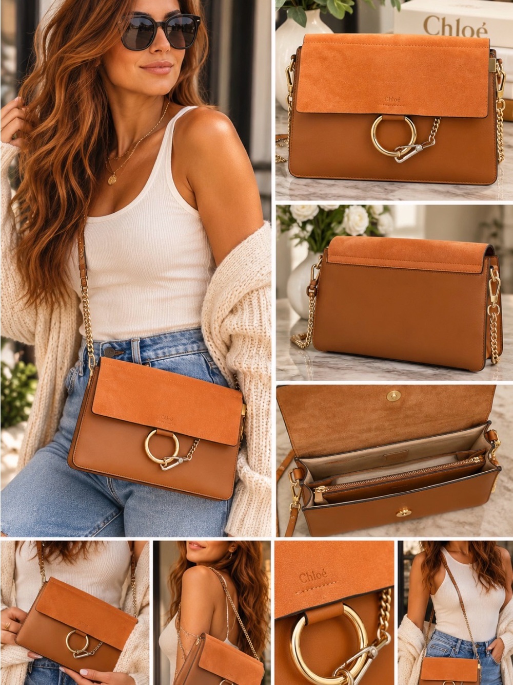 Chloe Cognac Leather & Suede Clutch with Gold Ring Hardware